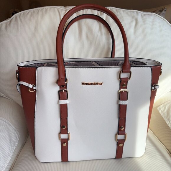 Montana West 2 Piece Handbag Set- Matching Tote Bag Purse/Satchel Cream & Brown - Picture 10 of 16